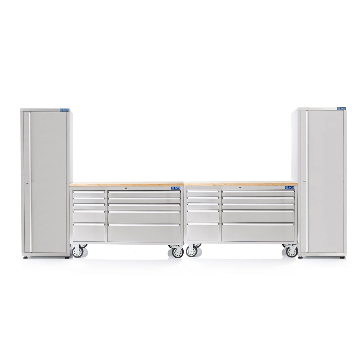 SGS 2 x 55in Stainless Steel Workbench Tool Chests | 2 x Side Cabinets